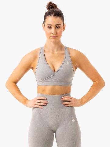 Ryderwear Women Sports Bra Essential Seamless Cross Over Women's Sports Bra Light Grey Marl | CA1905PQ