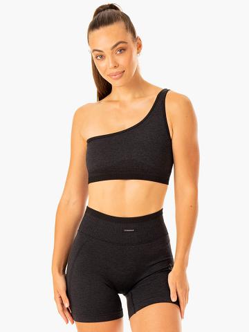 Ryderwear Women Sports Bra Excel Seamless One Shoulder Women's Sports Bra Black Marl | CA1742EX