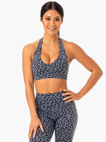 Ryderwear Women Sports Bra Hybrid Halter Women's Sports Bra Steel Blue Leopard | CA1654LH