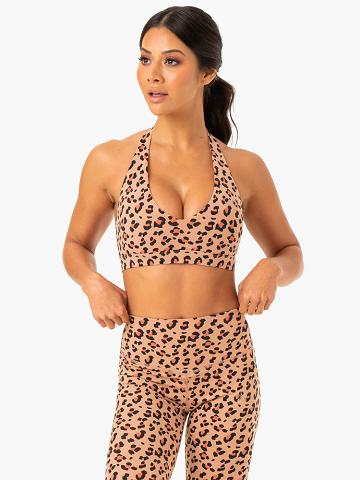 Ryderwear Women Sports Bra Hybrid Halter Women's Sports Bra Tan Leopard | CA1746UT