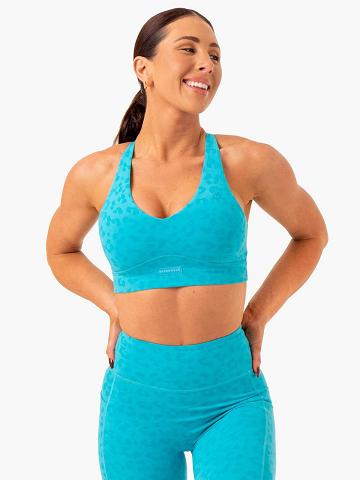 Ryderwear Women Sports Bra Ultra V-Neck Women's Sports Bra Aqua Leopard | CA1683CE