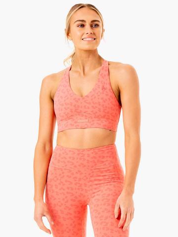 Ryderwear Women Sports Bra Ultra V-Neck Women's Sports Bra Coral Leopard | CA1738NB