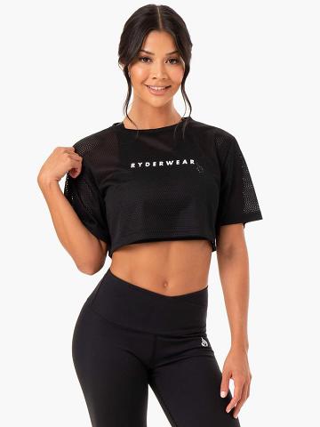 Ryderwear Women T Shirts Amazon Mesh Cropped Tee Women's T Shirts Black | CA1457RW