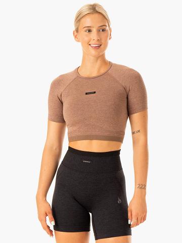 Ryderwear Women T Shirts Excel Seamless Women's T Shirts Mocha Marl | CA1397CE