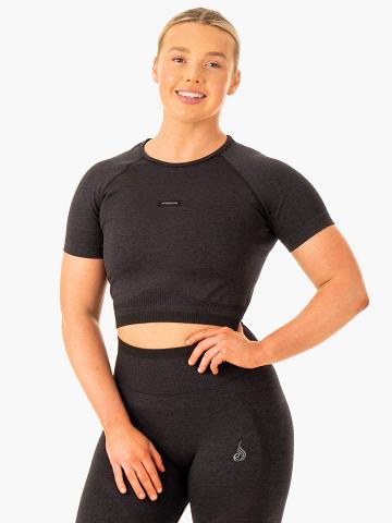 Ryderwear Women T Shirts Excel Seamless Women's T Shirts Black Marl | CA1400NB