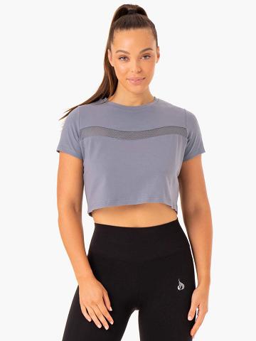 Ryderwear Women T Shirts Hybrid Mesh Tee Women's T Shirts Steel Blue | CA1442GL