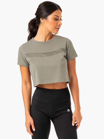 Ryderwear Women T Shirts Hybrid Mesh Tee Women's T Shirts Khaki | CA1443HK