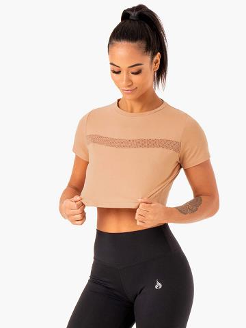 Ryderwear Women T Shirts Hybrid Mesh Tee Women's T Shirts Tan | CA1445KI