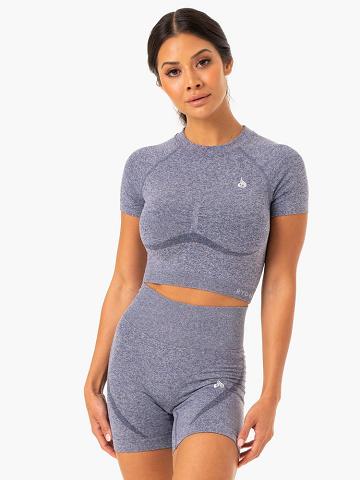 Ryderwear Women T Shirts Sculpt Seamless Women's T Shirts Navy Marl | CA1437PQ