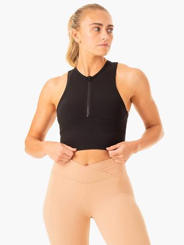 Ryderwear Women Tanks Embody Zip Up Crop Women's Tanks Black | CA1245MA