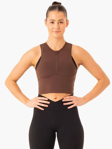 Ryderwear Women Tanks Embody Zip Up Crop Women's Tanks Chocolate | CA1330UT